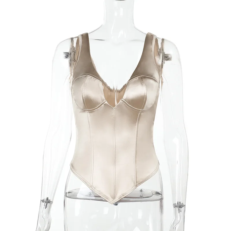 Champagne Satin Corset Tank Tops Women Fashion Sexy Deep V-neck