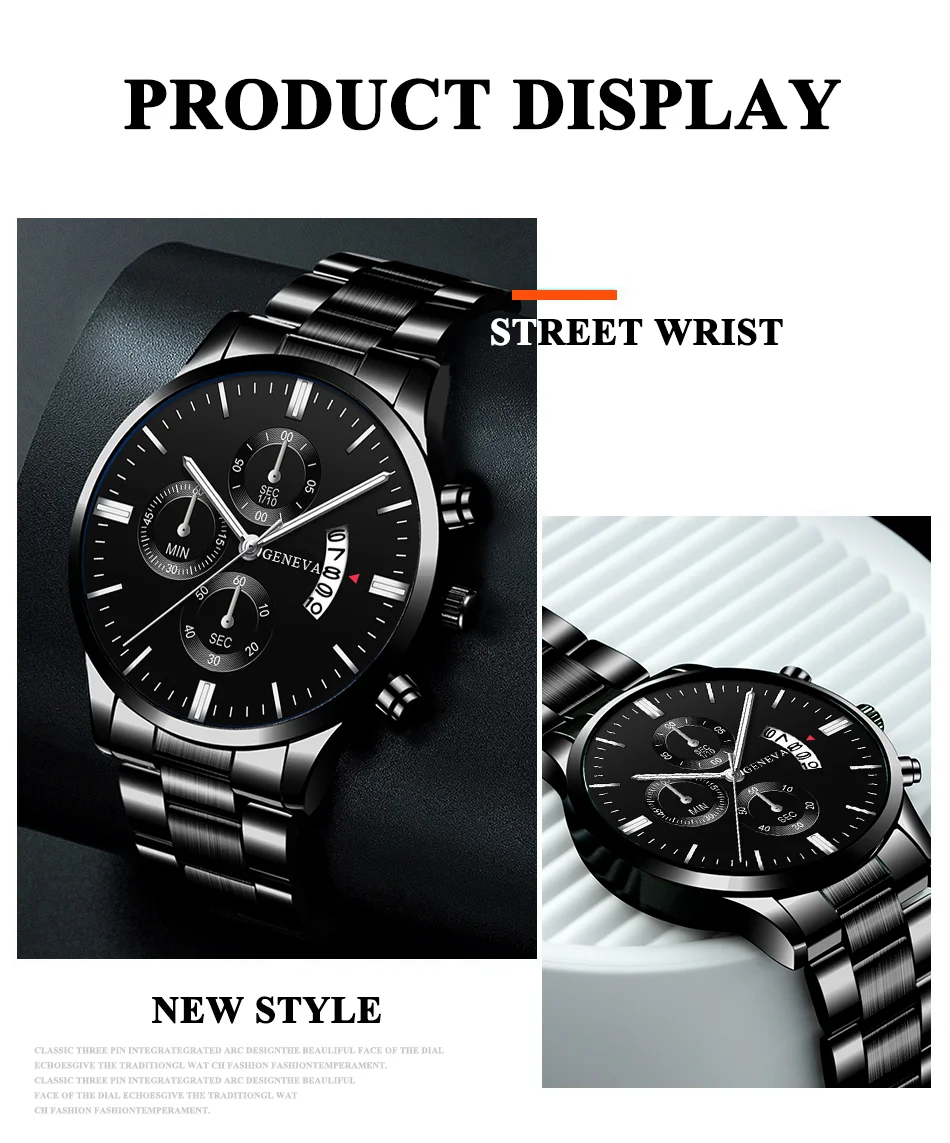 3PCS Set Mens Fashion Wing Bracelet Hexagonal Column Pendant Necklace Watches Men Business Stainless Steel Calendar Quartz Watch