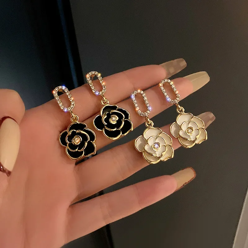 French Camellia Flower Rhinestone Earrings Drop Stud Earrings Wedding Bride Jewelry for Women for stud earrings,drop earrings,dangle earrings,silver jewelry,crystal earrings,long earrings,flower earrings,rose earrings