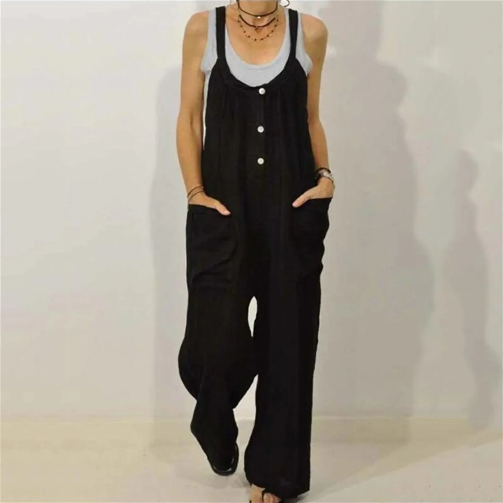 Women Casual Loose Cotton Linen Solid Pockets Jumpsuit Overalls Wide Leg Cropped Pants Jumpsuits for Women 3