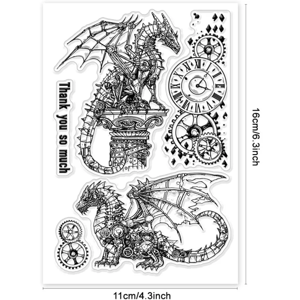 Timbri Trasparenti Steampunk Con Drago Meccanico - Per Scrapbooking E Biglietti - In Silicone Riutilizzabile