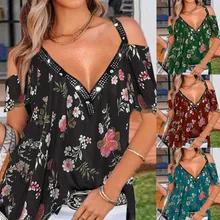 

2022Summer Plus Size Ladies Tops Loose Off Shoulder Hollow Out Printed Floral V-neck Short Sleeve Women Oversized Female Tshirt