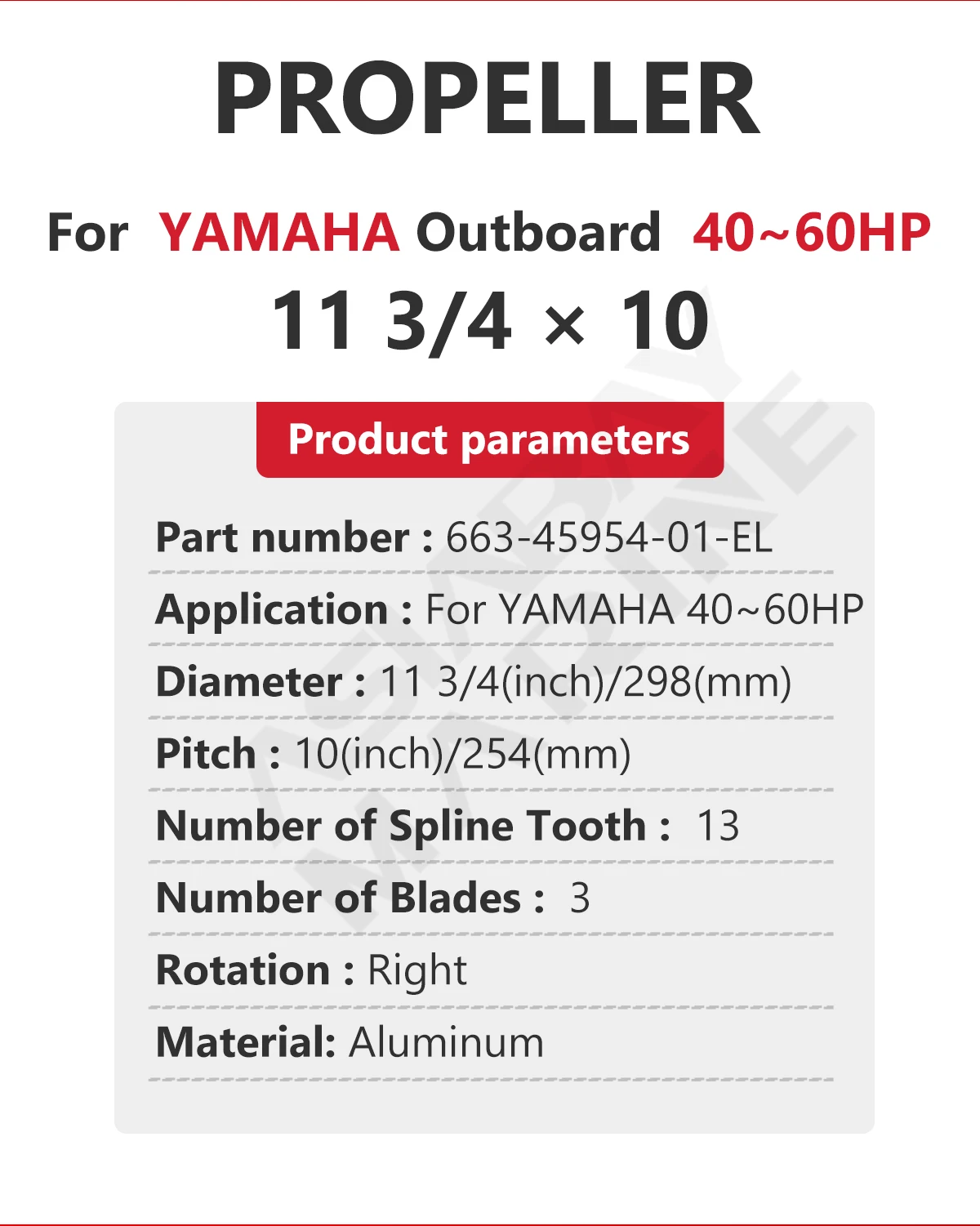 Für Yamaha Außenbordpropeller 11-3/4 x 10, 40 50 60 PS, 3 Blatt, 13 Spline, RH, weiße Schraube aus Aluminiumlegierung 663-45954-01 – Detail 2