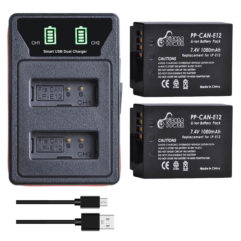 LP-E12 LP E12 LPE12 Battery+LED USB Dual Charger with Type C for Canon  Rebel SL1 100D, EOS M, EOS M2, EOS M10 EOS M50 SX70 HS