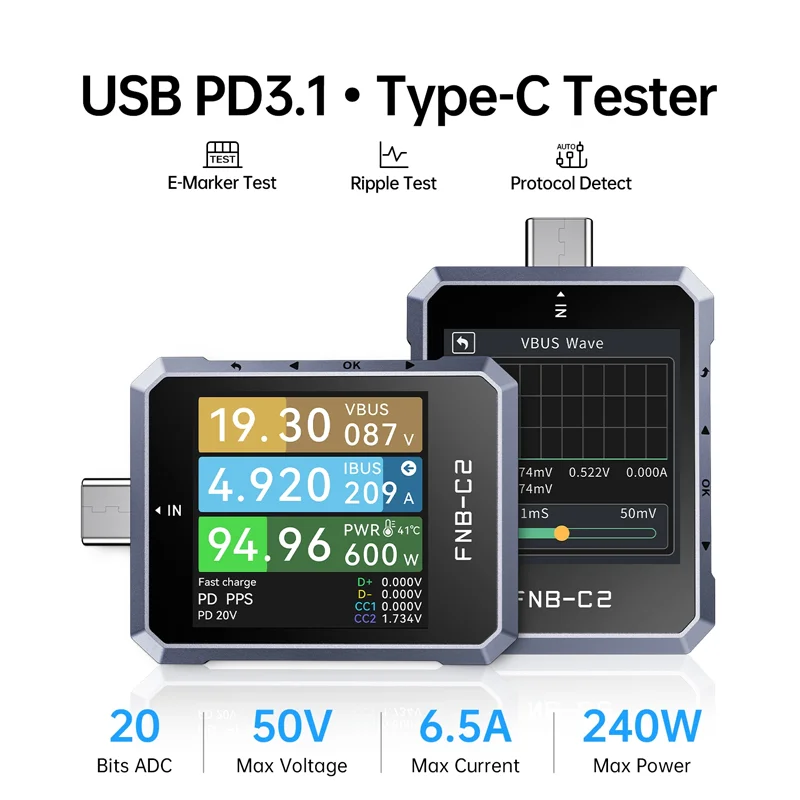 FNIRSI FNB-C2 USB-C 테스터 PD31 450V8A E-마커 배터리 용량 테스트 다중 프로토콜 감지 전력 모니터링 도구