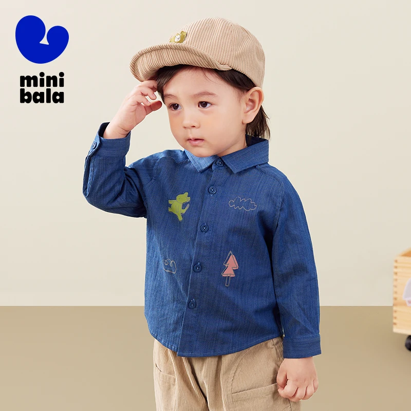 Mini Bala Boys' Loose and Fashionable Autumn New Product Skin-Friendly Long Sleeve Shirt.