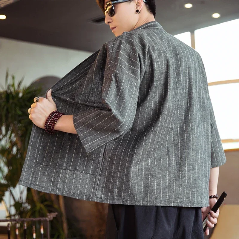Men's Chinese Style Cotton Linen 3/4 Sleeve Shirt Striped Hanfu Tang Tops Loose Robe Gown Jacket Retro Coat