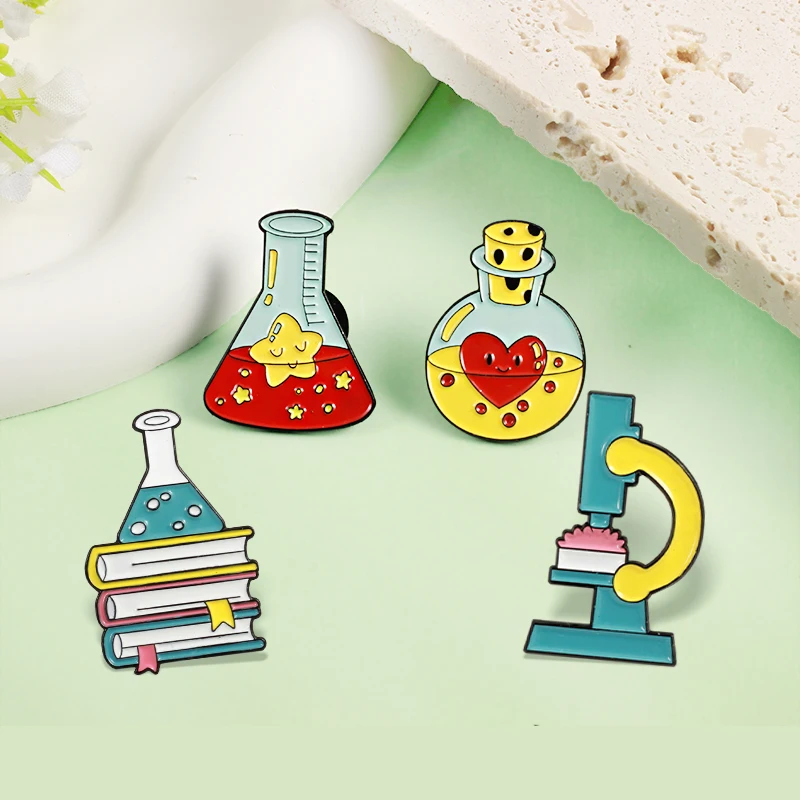 Esperimento Scientifico Spilla Cuore Becher Provetta Microscopio Smalto Spille Distintivi Per Kidsscientist Erar Jewelry Wholesale