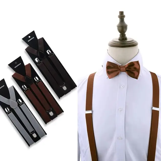Suspenders Man Bowtie Solid Color Elastic PU Leather Suspenders For Man Belt Adjustable Straps For Wedding Bow Tie Accessories 1