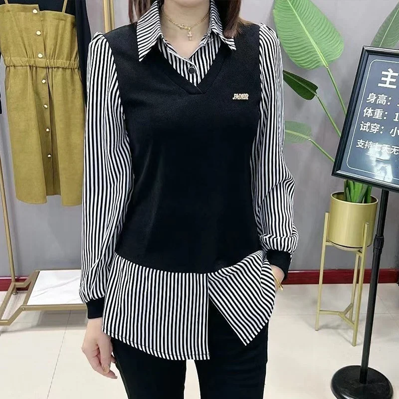 

Autumn Vintage New Trendy Korean Fashion Classic Office Lady All Match Shirt Women Turn Down Collar Long Sleeve Patchwork Top