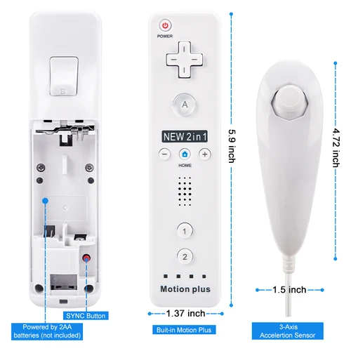 Wii 콘솔용 Nunchuck 컨트롤러 포함 리모컨, Wii 게임용 모션 플러스 포함 무선 게임패드, 2 개 5