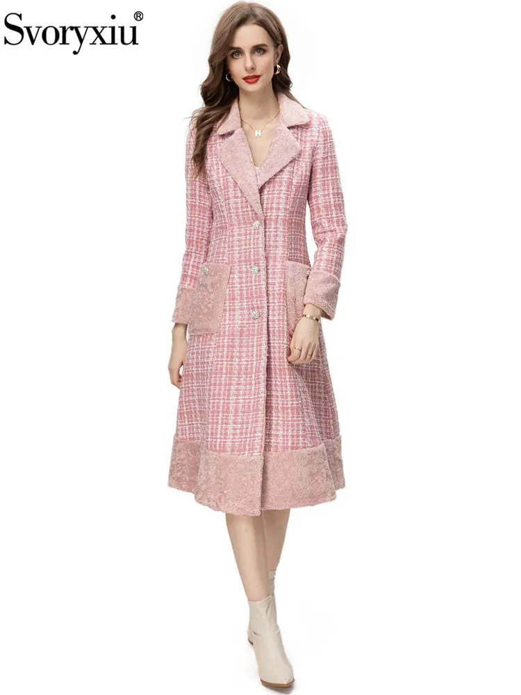 

Женское длинное пальто в клетку Svoryxiu, розовое короткое плюшевое пальто составного кроя с отложным воротником и длинными рукавами на осень 2019