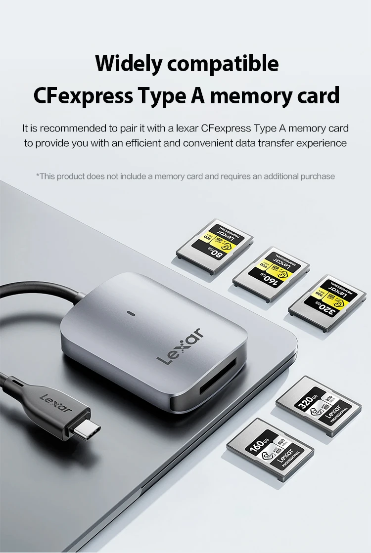 Lexar USB 3.2 CFexpress Typ A Kartenleser RW515 mit USB-C-Kabel und einem USB-C-zu-USB-A-Adapter. Bis zu 900 MB/s Übertragungsgeschwindigkeiten – Detail 5