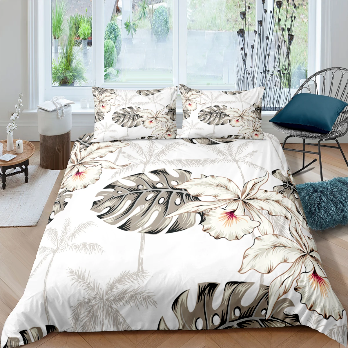 Home Textiles Luxury 3D Palm Leaves Duvet Cover Set Pillowcase Flower Bedding Set Queen and King Size Comforter Bedding Set 