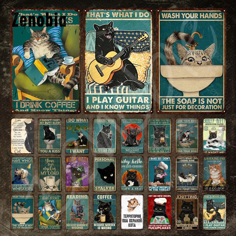 

Black Cat Metal Poster Cat Drinking Baking and Playing Guitar Funny Metal Sign Decorative Animal Tin Sign Plate for Room Decor