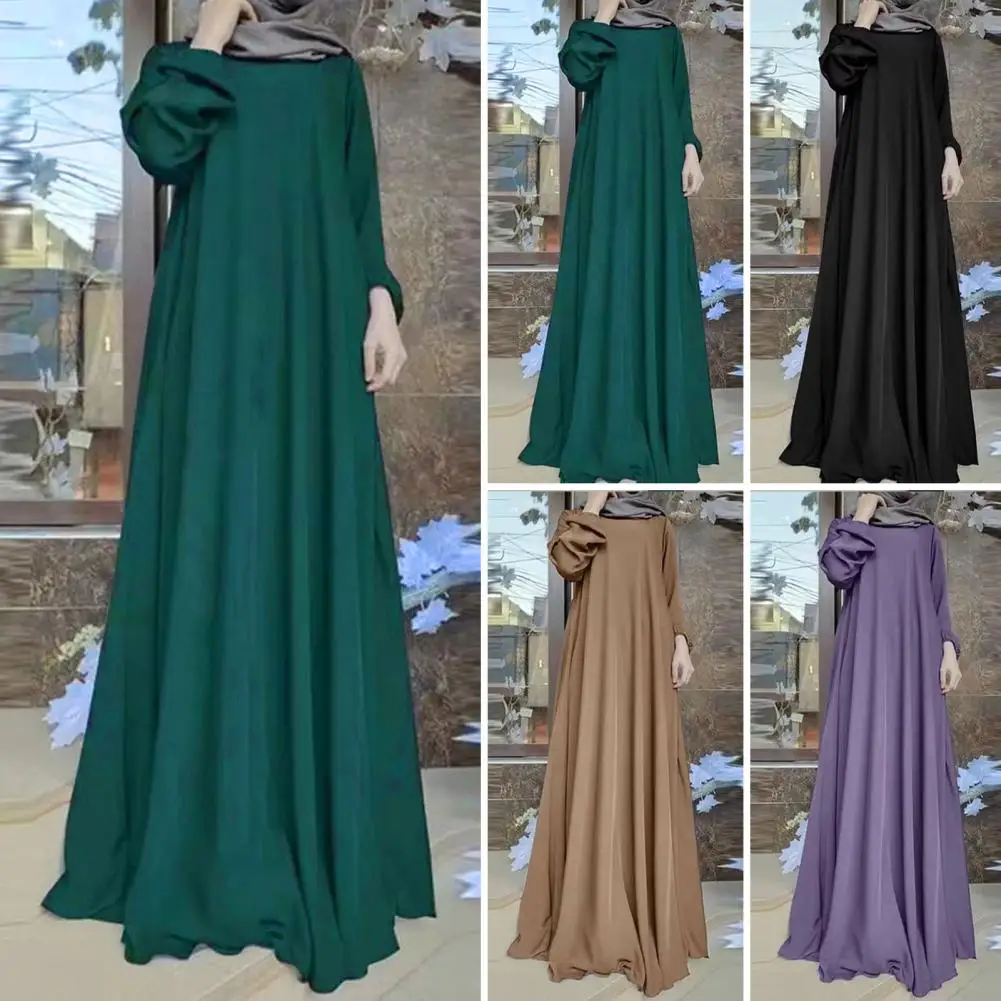 

Women Maxi Dress O Neck Long Sleeve Loose A-line Big Hem Dot Print Vintage Soft Floor Length Dubai Turkey Abaya Long Robe Dress