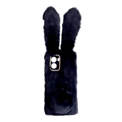 Fluffy Cute 3D Rabbit Fur Phone Case - Cozy and Adorable Cover for Nokia C200 (Balck)