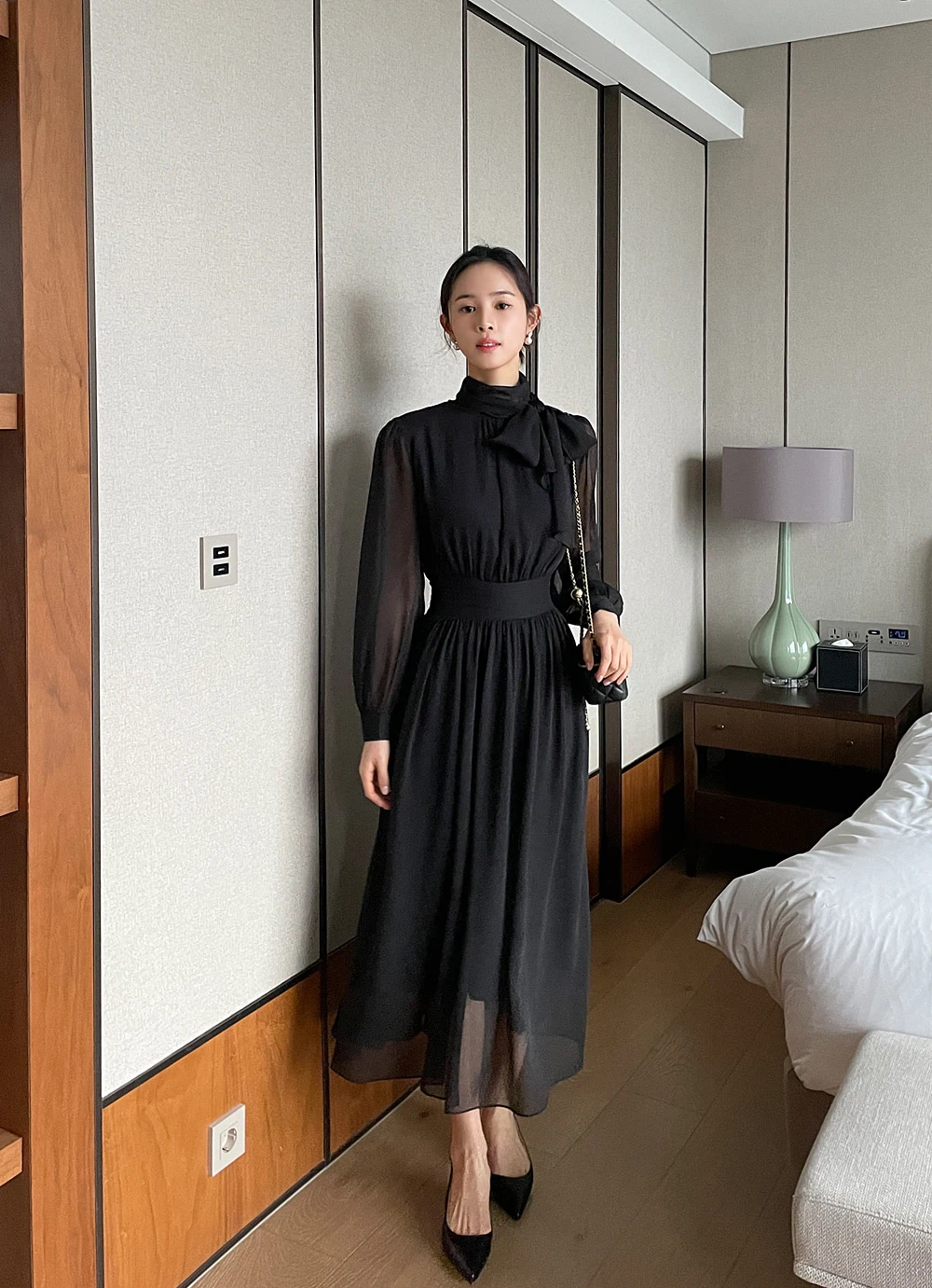 Elegant Midi Dresses for Women Long Sleeves Half High Collar Lace-up A-line Korean Fashion Autumn New One Piece Vestido Mujer