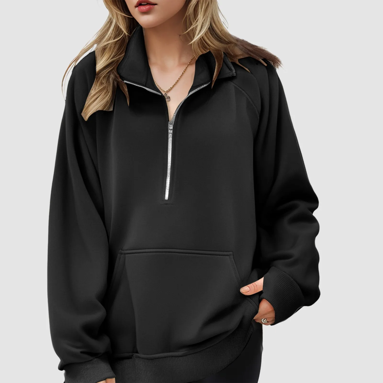 Women's Cute Long Sleeve Quarter Zip Pullover Oversized Hoodie. - Image 4