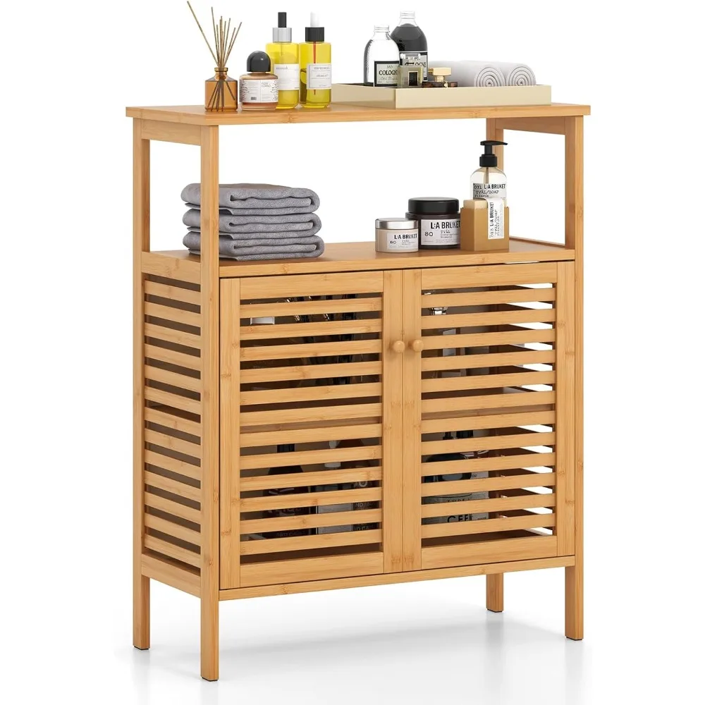 Tangkula Bamboo Floor Cabinet, Bathroom Storage Cabinet with Double Slatted Doors, Open Shelf, Removable Shelf, Storage