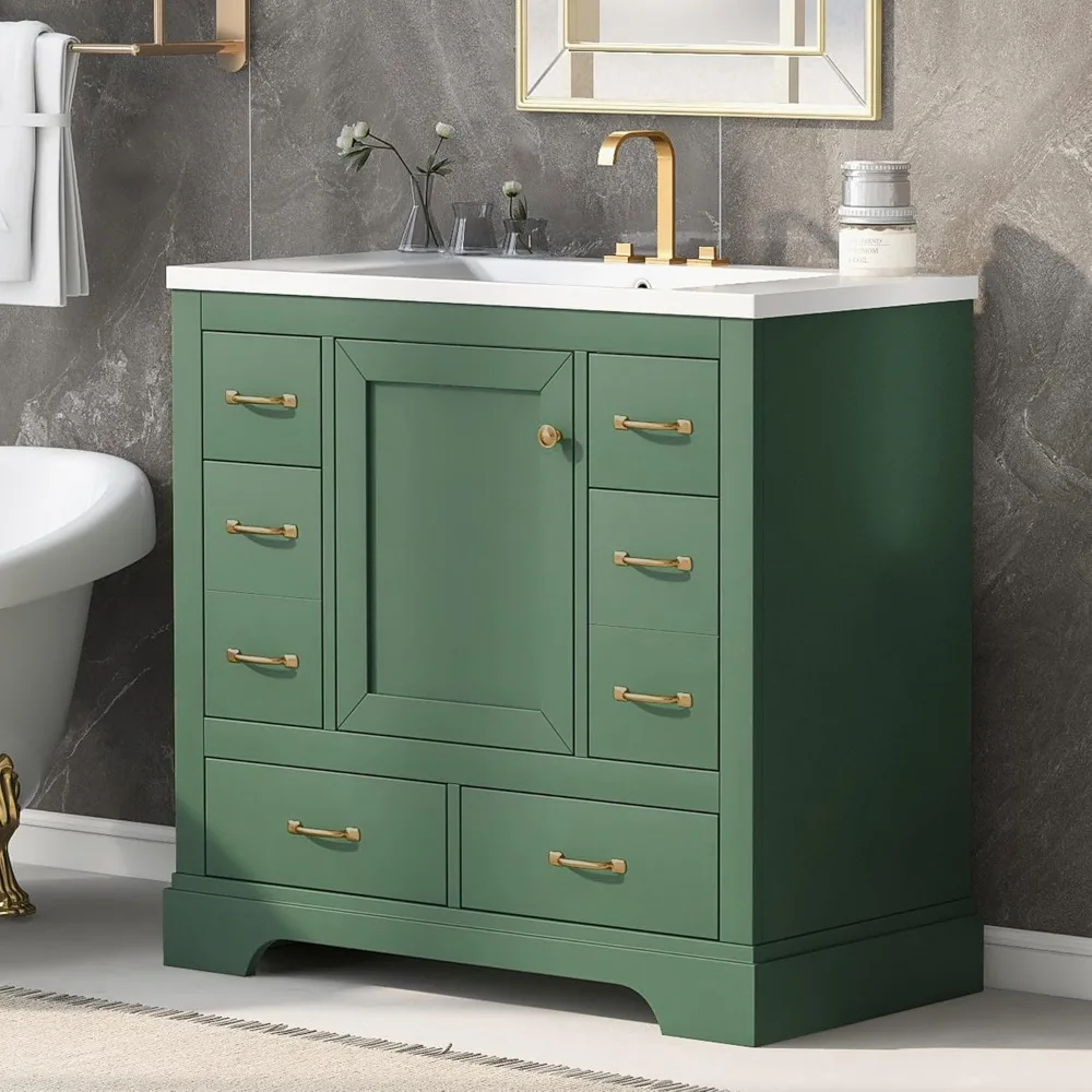 36 Inch Bathroom Sink with Sink, Standalone Single Basin Sink Set, Cabinet with 6 Drawers and Adjustable Shelves 2