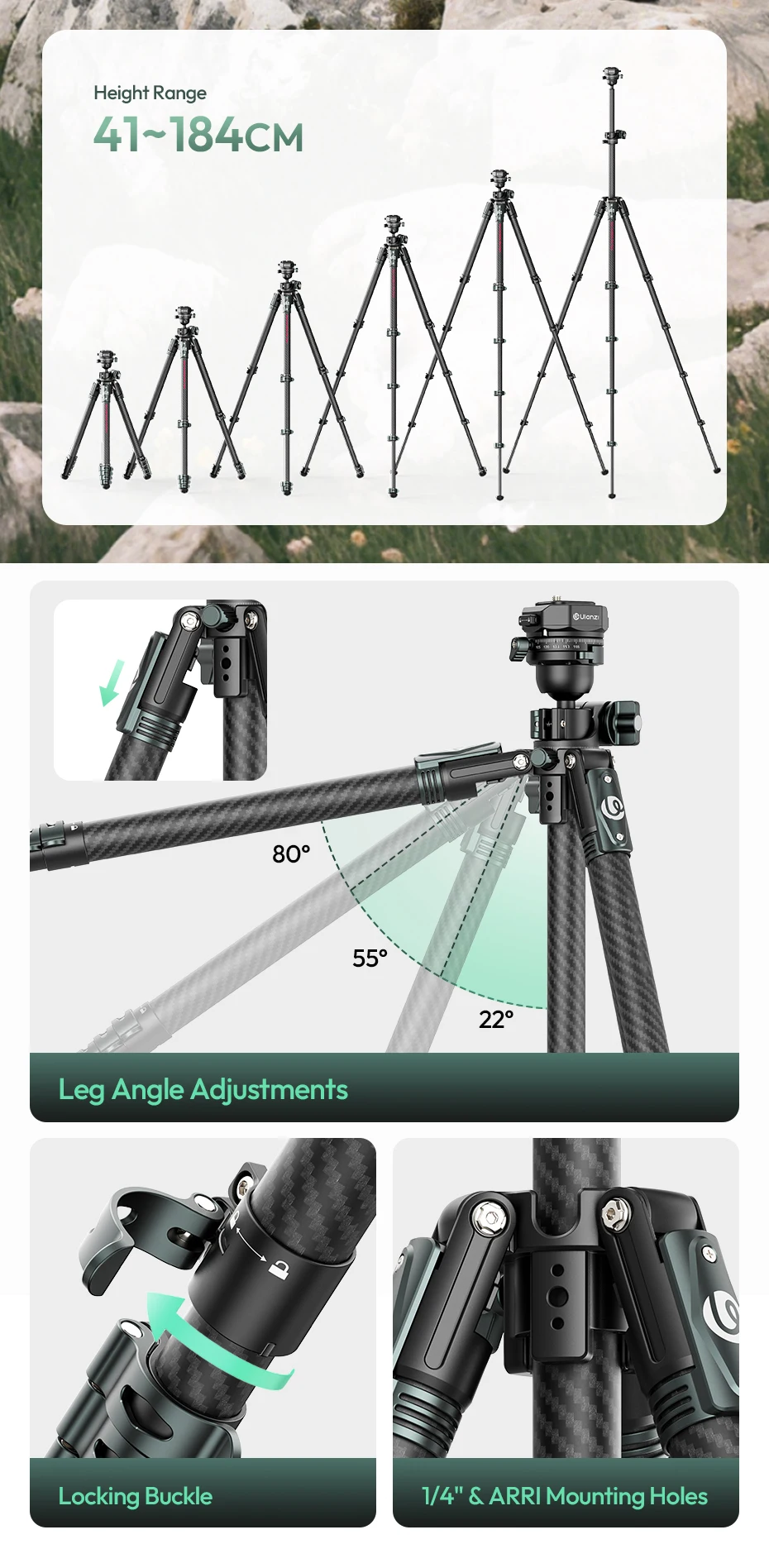 GlideGo Travel Tripod Carbon Fiber Tripod with Dual-Section Center Column for Lo