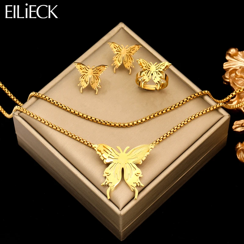 

EILIECK 316L Stainless Steel Gold Color Butterfly Necklace Earrings Rings Trendy For Women New Party Gift Waterproof Jewelry Set