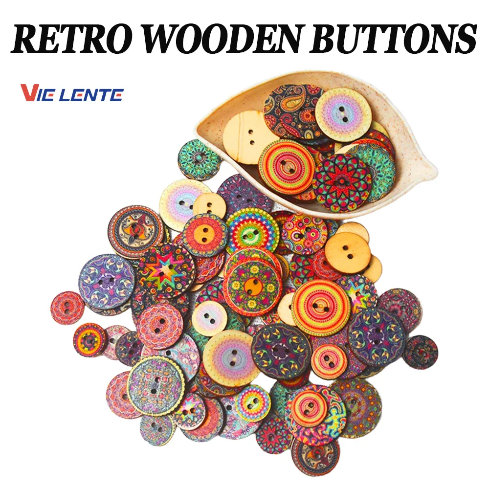Wooden Retro Buttons 50pcs 2 Holes for Sewing Scrapbook DIY Crafts