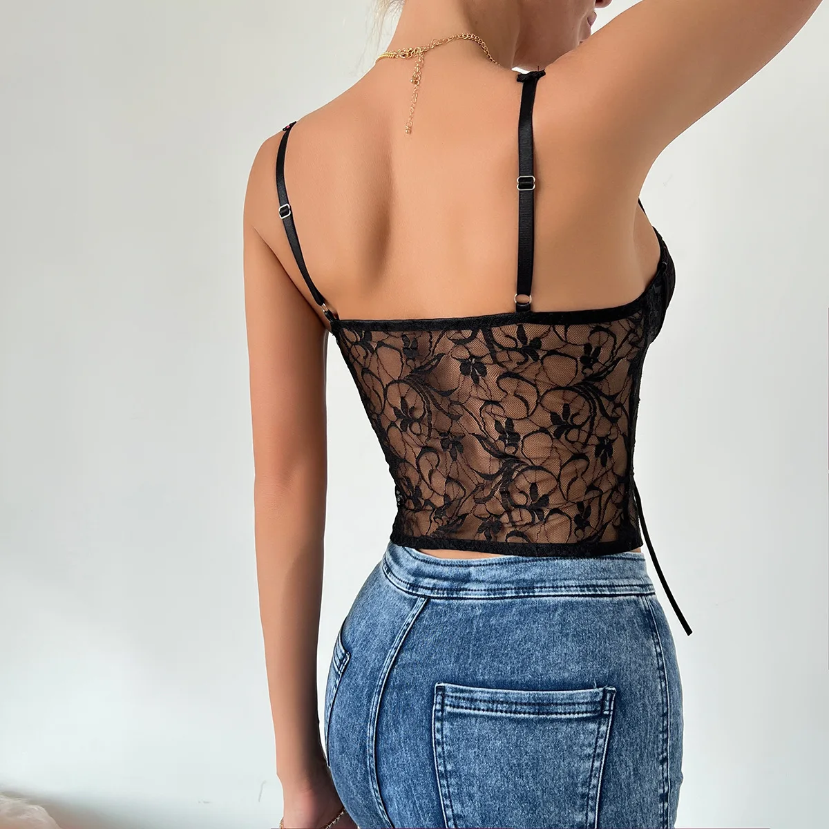 Lace Women's Corset Sheer Bustier Spaghetti Straps Vest Summer Sexy Camisole Lingerie Slim Tank Tops Going Out Party Cropped Top