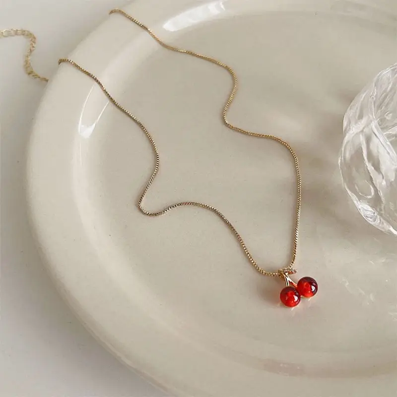 Red Cherry Pendant Necklace Stud Earrings Jewelry Sets Women's Fashion Fruit For Party Wedding Girls Gifts