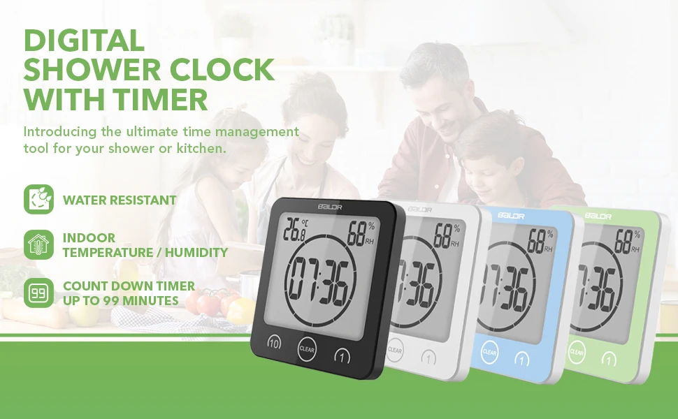 Description Picture 2 of itemBALDR LCD Digital Waterproof Bathroom Wall Clock Shower Clocks Timer Temperature Humidity Kitchen Wash Room Timers