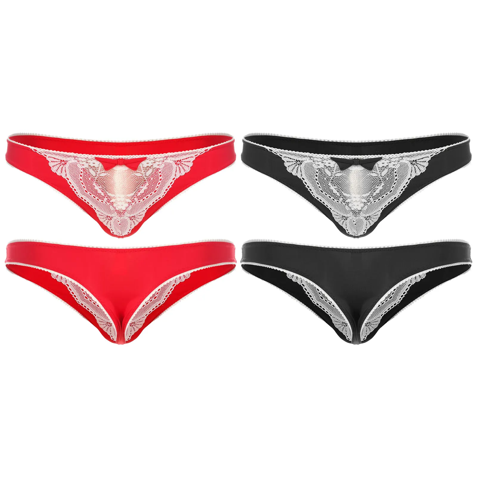 

Mens Low Rise Lace Patchwork Thong Bowknot Elastic Waist Cross-Dresser Sexy Sissy Lingerie Underwear Briefs