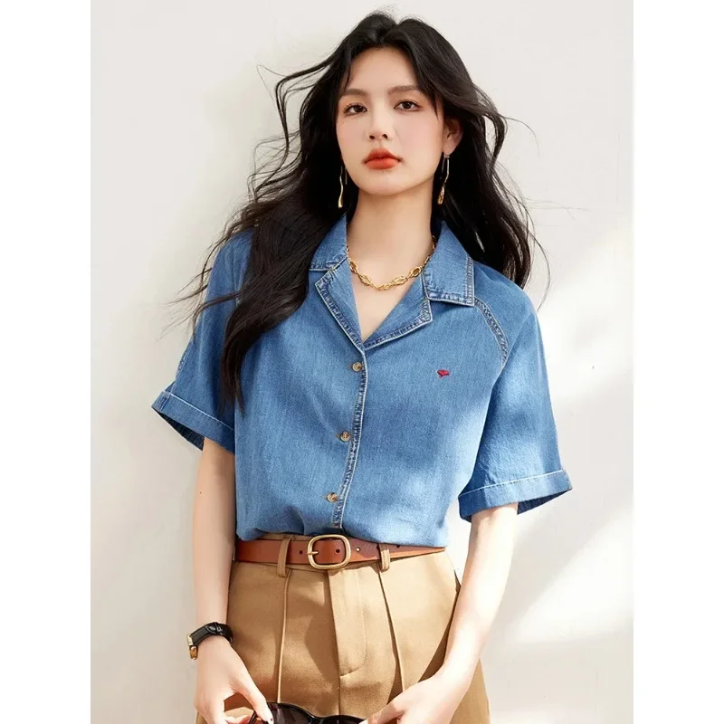 2024 New Casual Denim Shirts for Women Fashion Vintage Short Sleeve Loose Shirt Korean Style Single-Breasted Commuting Tops
