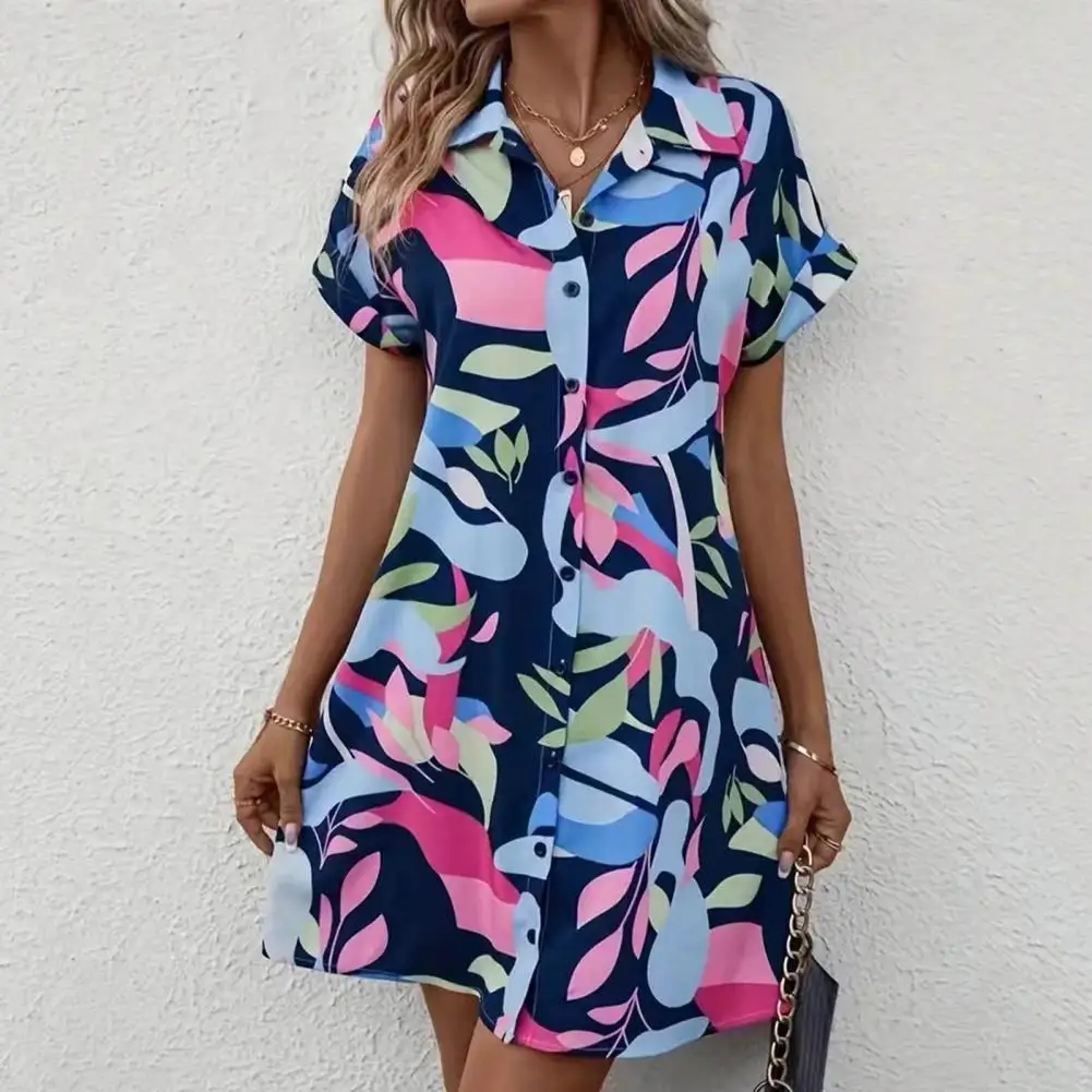 

Buttoned Shirt Dress Colorful Print A-line Cardigan Women's Summer Shirt Dress for Dating Commute with Turn-down Collar Short