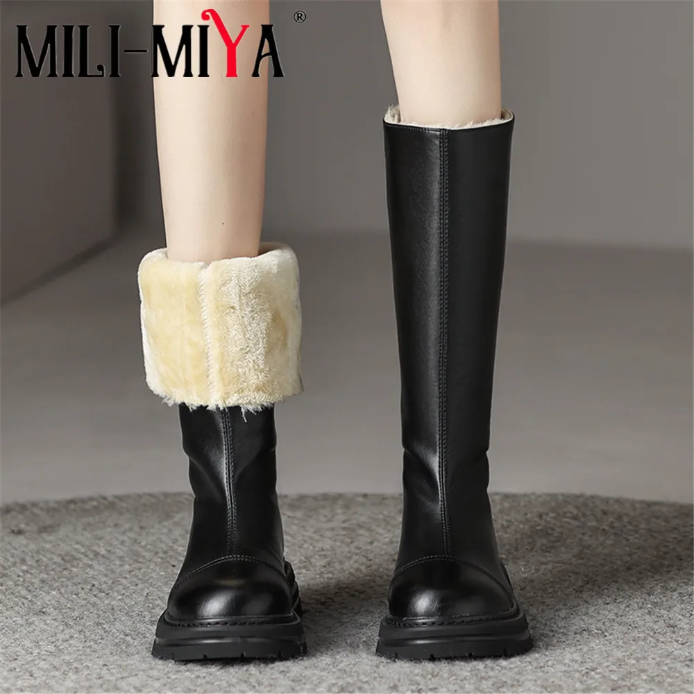 

MILI-MIYA Concise Design Solid Color Women Cow Leather Mid Calf Snow Boots Round Toe Thick Heels Slip On Warm Plus Winter Shoes