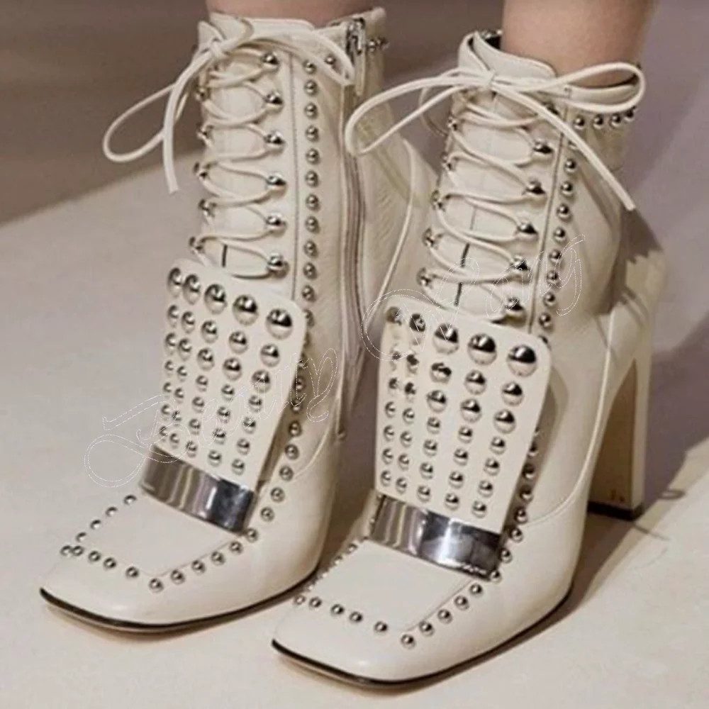 

White Square Toe Boots Rivet Decor Side Zipper Thick High Heel Shoes for Women High Heels Fashion 2023 New Zapatos Para Mujere