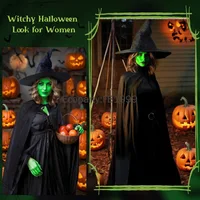 Halloween Evil Witch Costume Set for Women Gothic Wizard Cosplay Green Claw Gloves Sharp Hat Set Adult Carnival Party Dress Up 5