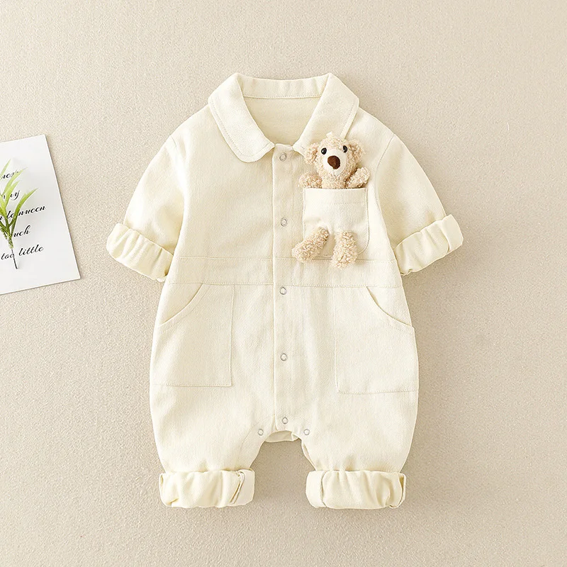 Spring Denim Baby Jumpsuit Cartoon Pocket Bear Romper for Boys Girls Newborn Overalls Korean Style Onesie Autumn Kids Clothing 3