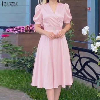 ZANZEA Abito midi elegante da donna in raso setoso, vintage, con scollo a V, maniche corte a sbuffo, cintura, abiti da festa a trapezio, abiti eleganti per il lavoro