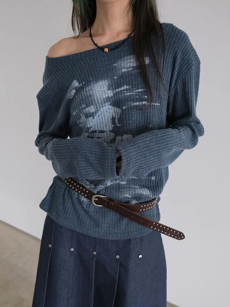 Autumn Harajuku Women Vintage Print Tees Streetwear Grunge Skew Collar Graphic Tshirt Y2k Aesthetic Casual Hiphop Grunge Top 6