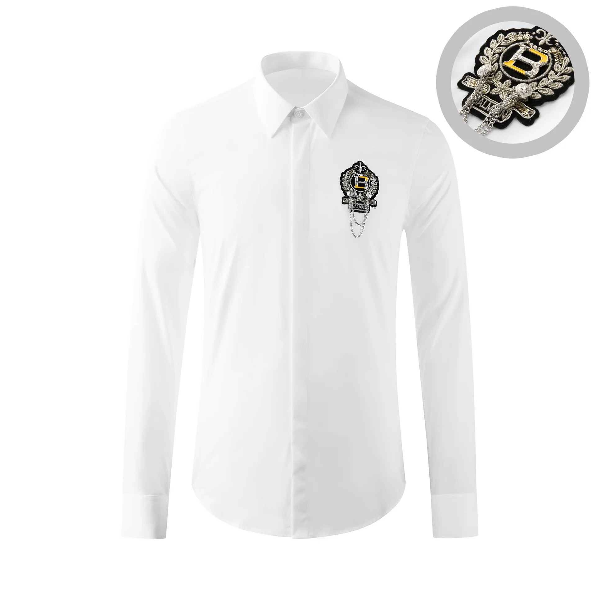 

Luxury Handmade Badge Men's Shirt Long Sleeve Slim Fit Casual Male Business Formal Dress s Social Party Tuxedo Blouse