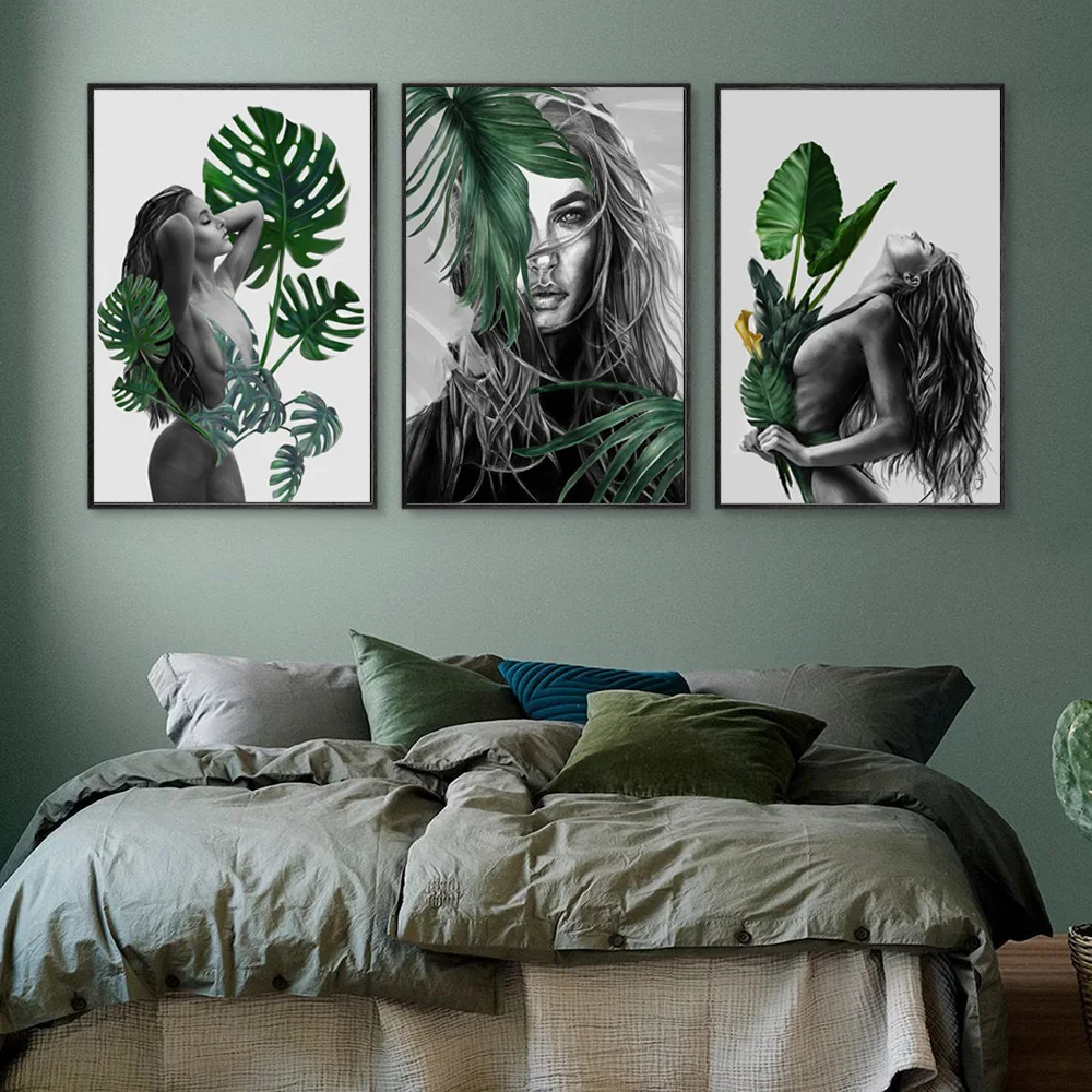 

Modern Female Portrait Posters And Prints Green Leaf Decor Woman Body Art Canvas Sketch Style Wall Painting For Living Room