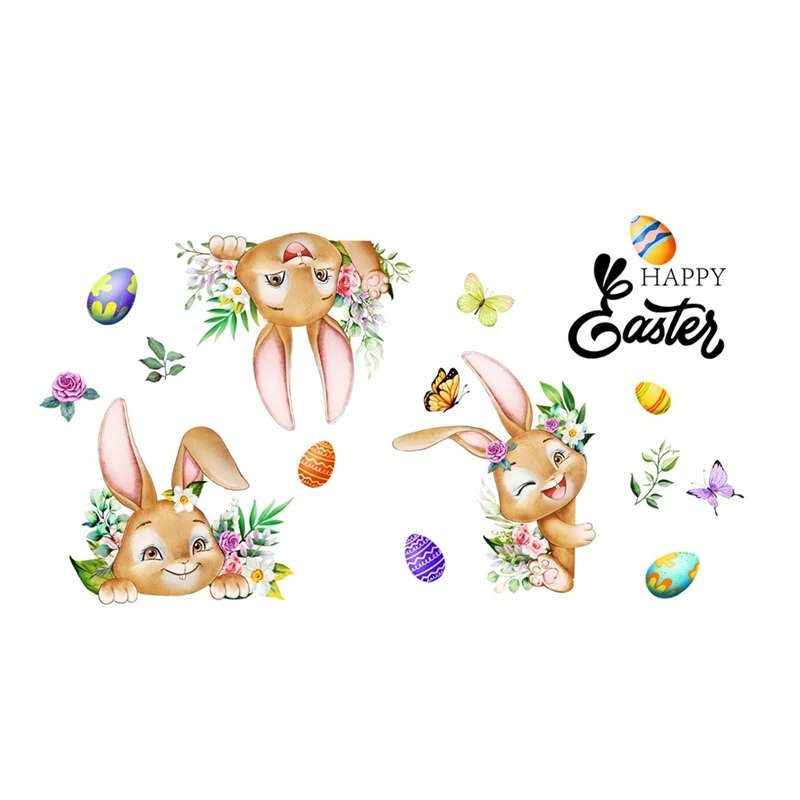 

3PCS Happy Easter Window Stickers Kit Cartoon Rabbit Easter Eggs Flowers Butterfly Glass Sticker Set Home Decoration