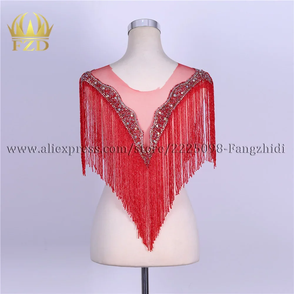 

FZD 1 Set Fringe Applique Red Beaded Bodice Rhinestone Patches for Wedding Dress DIY Bridal Decoration With Gauze Sparkle