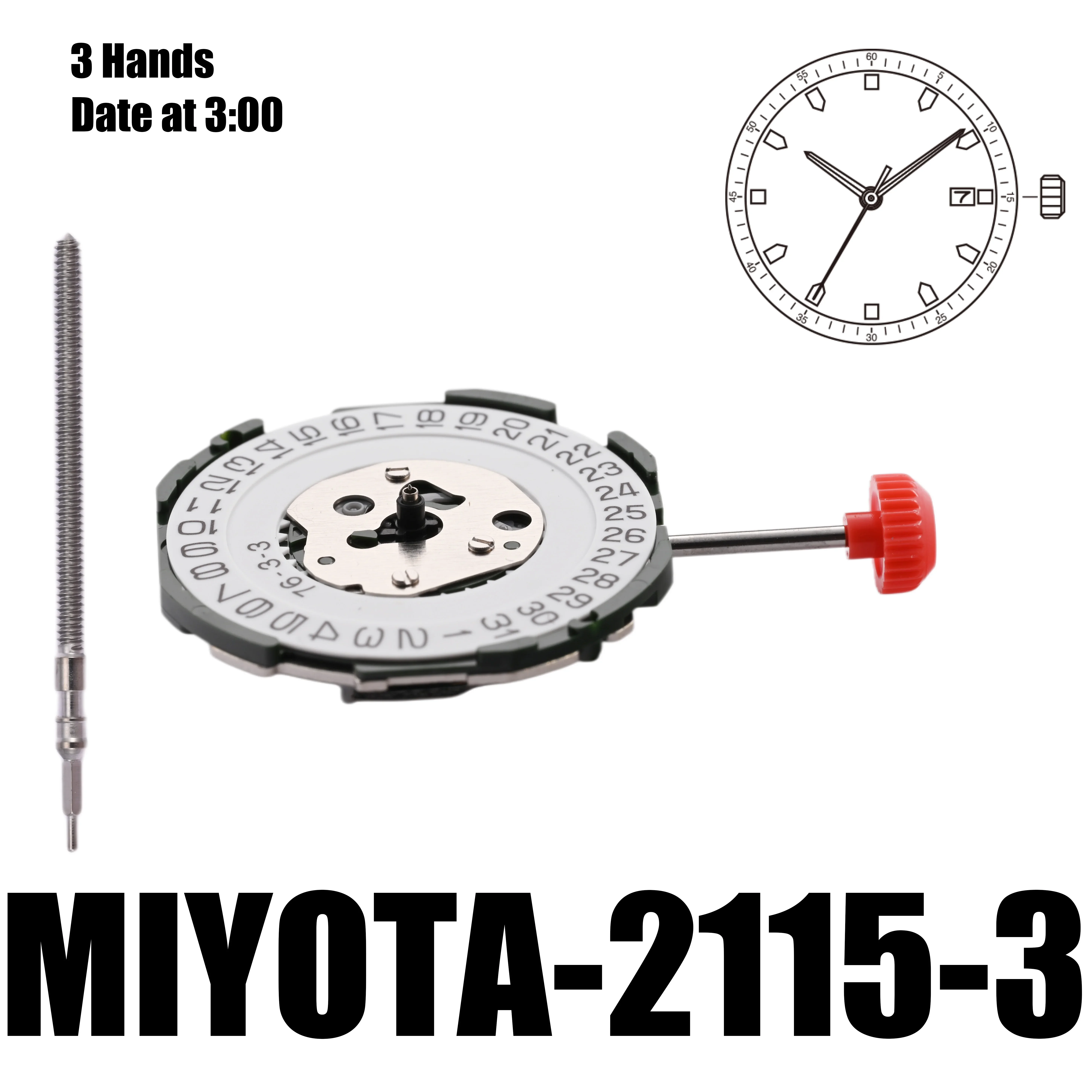 2115 Movement Miyota 2115-3 Movement with date display at 3 o'clock 3 Hands Size 10 1/2’’’ Height 4.15mm Battery Life 3 years