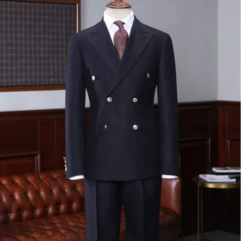 Double Breasted Navy Blue Men Wedding Suit Groom Tuxedo Blazer Pants formal Party Business Office Male Set
