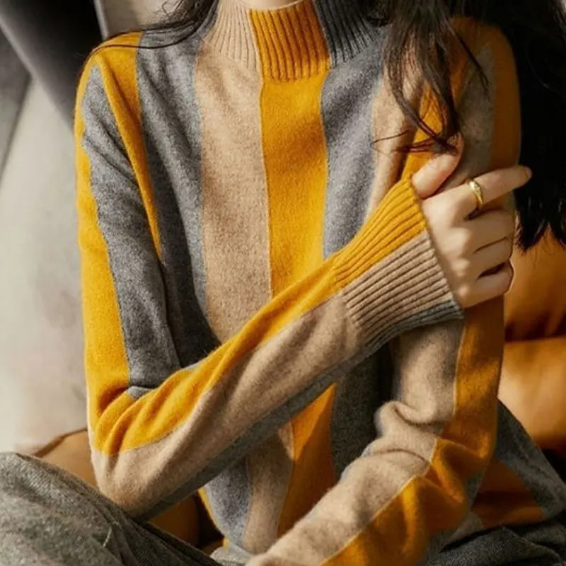 

Female Clothing New Half High Collar Sweaters Autumn Winter Commute Slim Striped Patchwork All-match Long Sleeve Knitted Jumpers