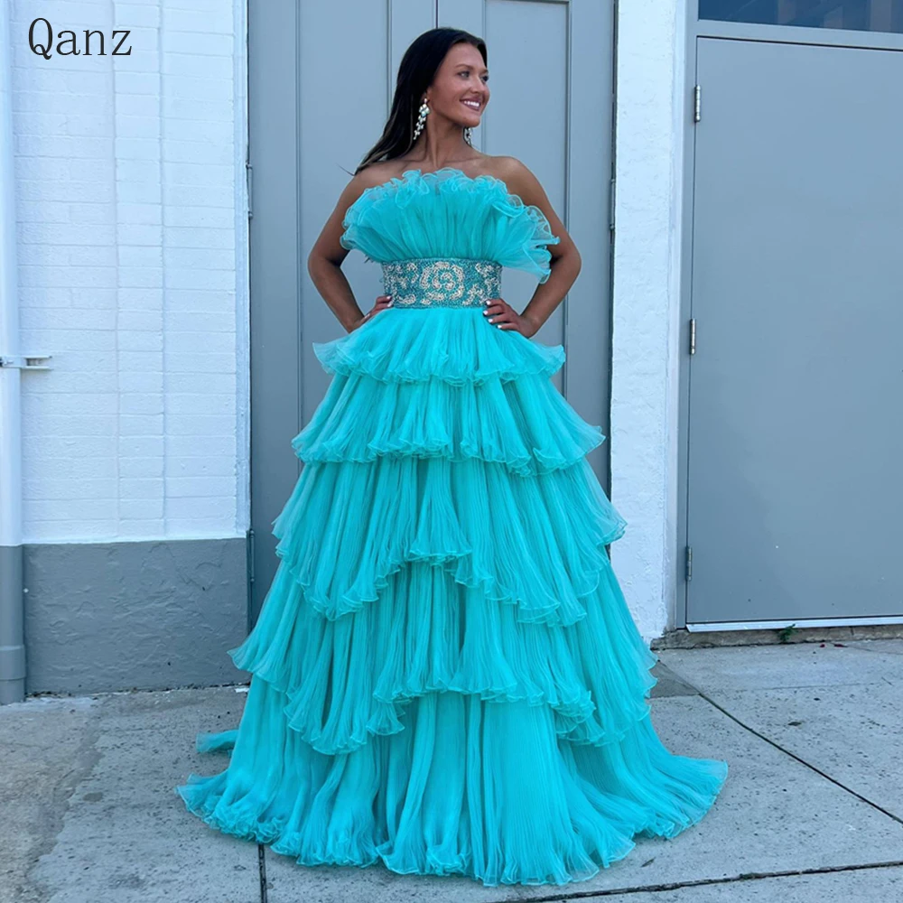 

Qanz Elegant A-line Tulle Prom Dresses Sexy Strapless Tiered Evening Gowns Formal Party Dress Vestidos Para Eventos Especiales