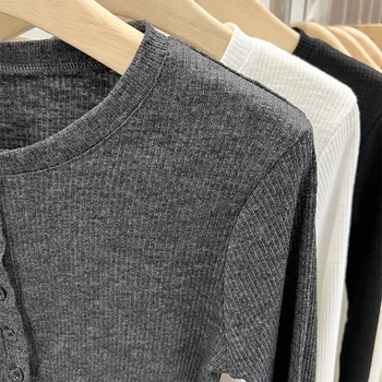 الخريف المرأة تي شيرت خمر سليم صالح تنوعا تي شيرت المرأة عادية الصلبة زر س الرقبة طويلة الأكمام تيز فام مضلع Y2k 4