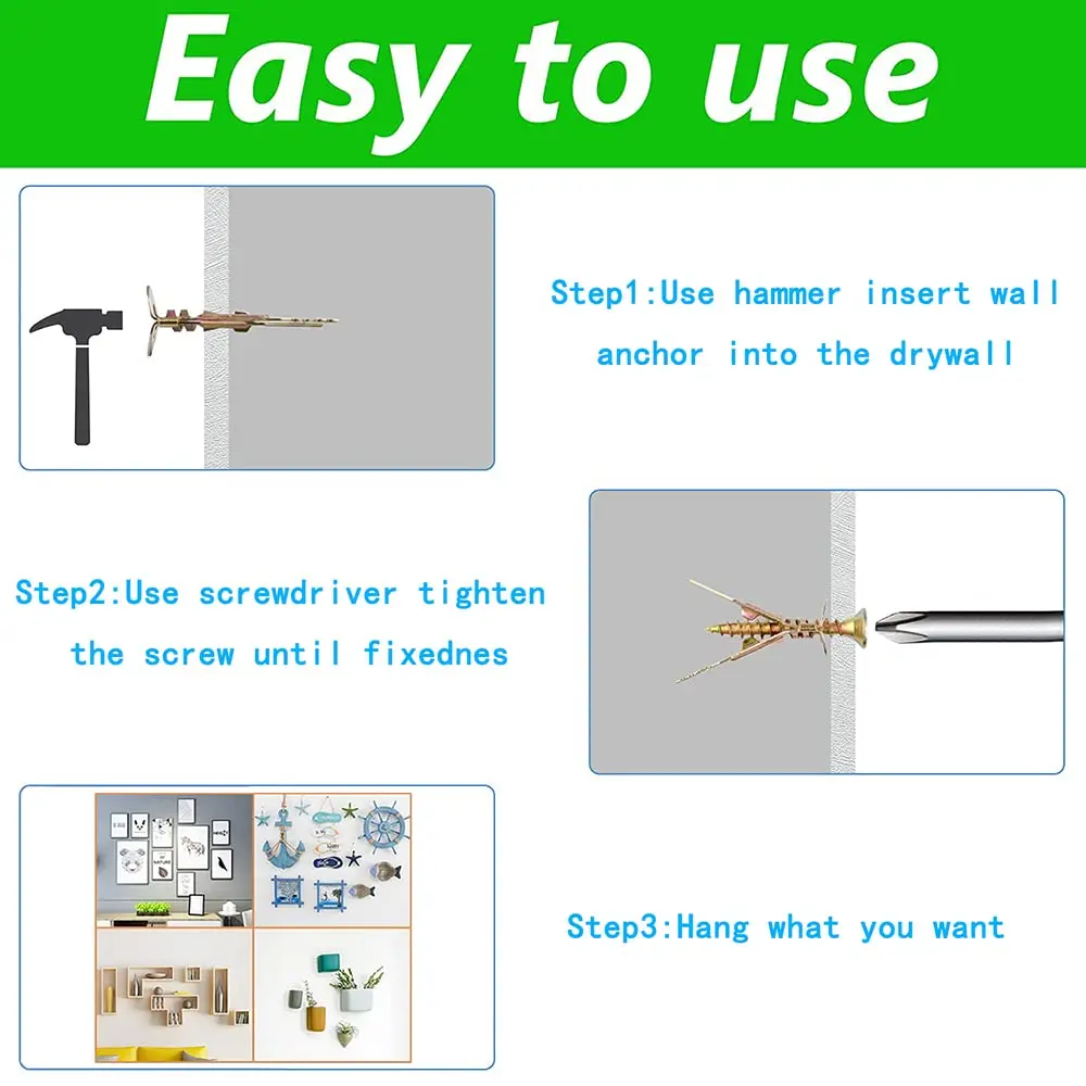 10pcs Hammer in Metal Drywall Anchors 10x30mm with Self Tapping Screws Kit Wall Anchor Fixing Plug and Screw for Plasterboard